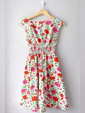 Floral Smocked Waist Summer Dress - Pink & Red Flowers - SIZE 4
